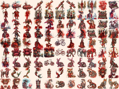 Red Steampunk Watercolor Clipart burgundy steampunk - Wonders Artist