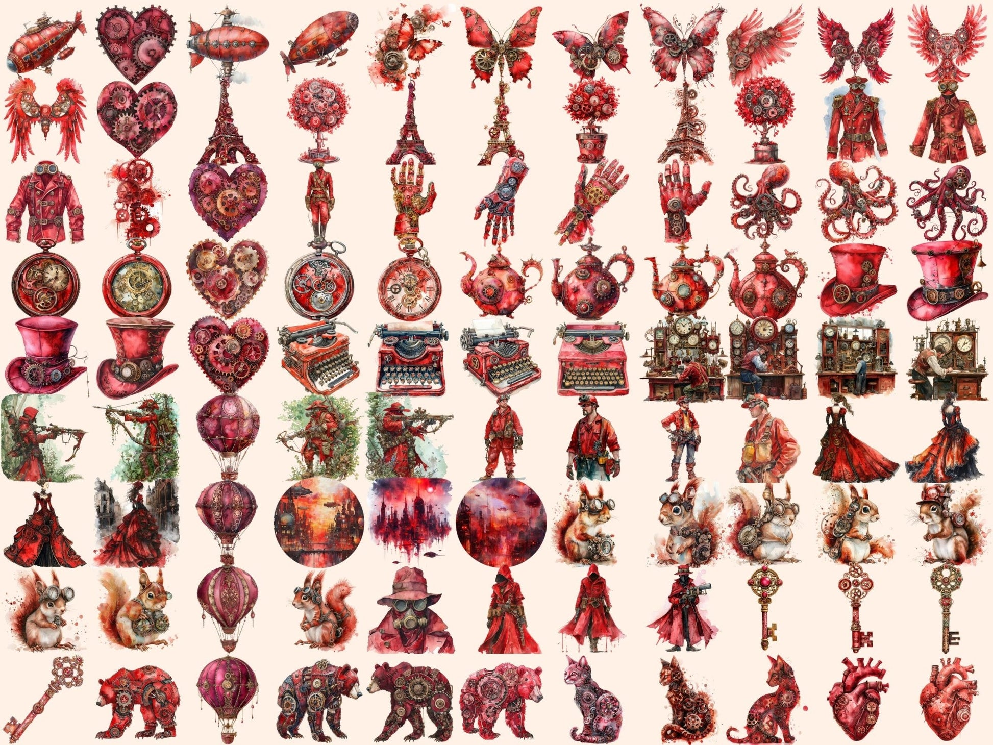 Red Steampunk Watercolor Clipart - High - Quality Instant Digital Download for Creative Projects