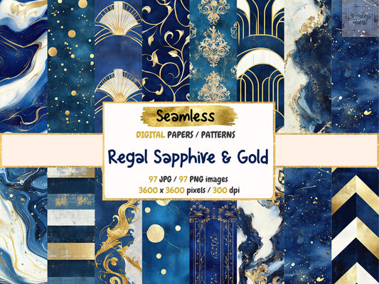 Regal Sapphire & Gold Seamless Digital Paper - High - Quality Instant Digital Download for Creative Projects