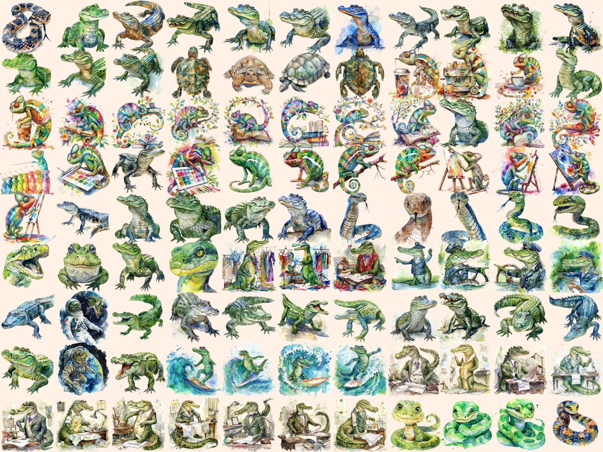 Reptiles Watercolor Clipart - High - Quality Instant Digital Download for Creative Projects