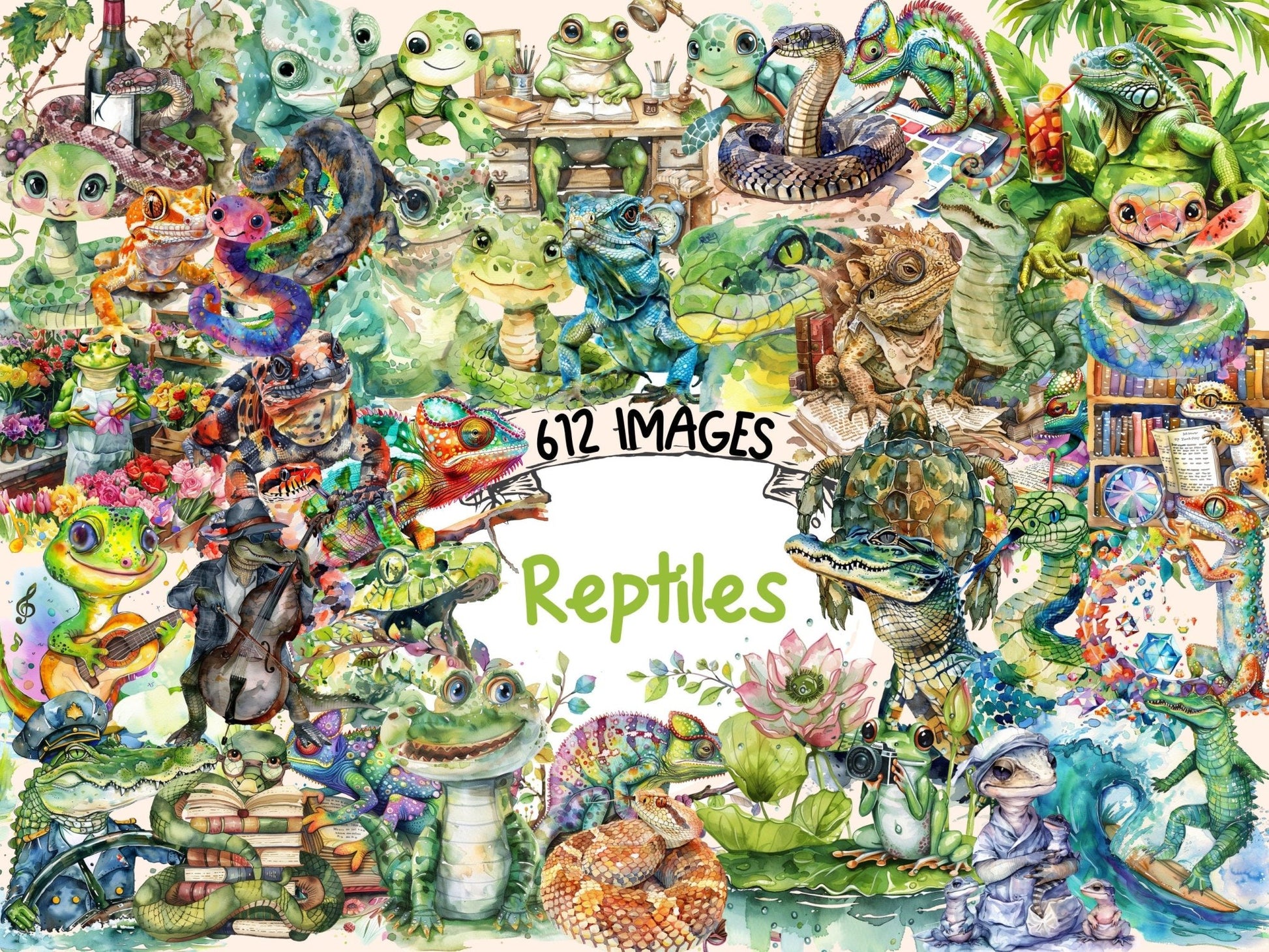 Reptiles Watercolor Clipart - High - Quality Instant Digital Download for Creative Projects