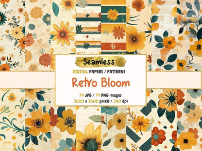 Retro Bloom Seamless Pattern Digital Papers 70s floral - Wonders Artist