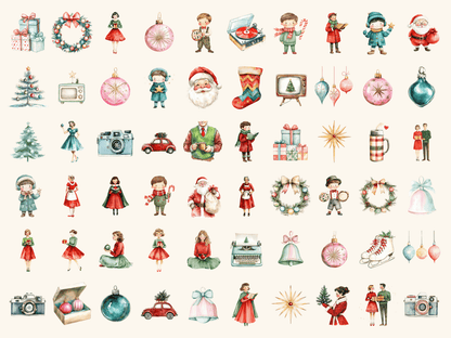 Retro Christmas Watercolor Clipart All Bundles Clipart Line Art - WondersArtist