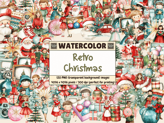 Retro Christmas Watercolor Clipart All Bundles Clipart Line Art - WondersArtist