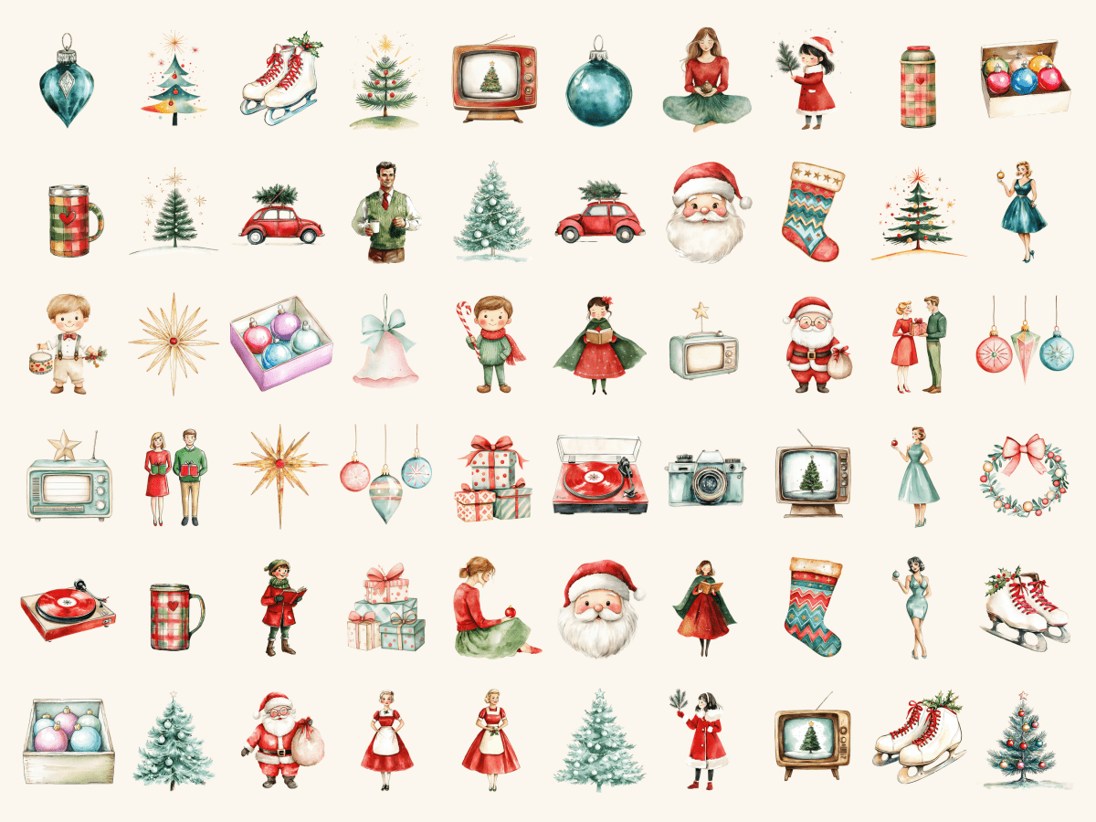 Retro Christmas Watercolor Clipart All Bundles Clipart Line Art - WondersArtist