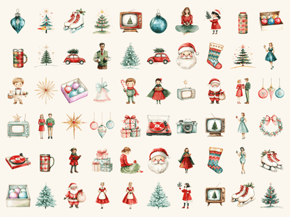 Retro Christmas Watercolor Clipart All Bundles Clipart Line Art - WondersArtist