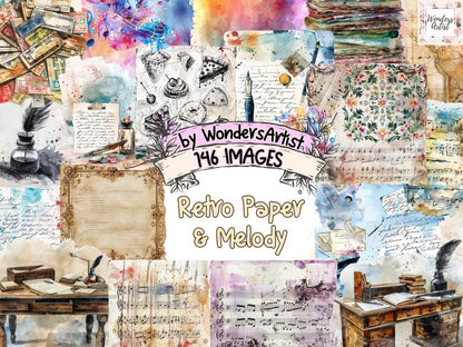 Retro Paper & Melody Watercolor Clipart Antique Music Art - Wonders Artist