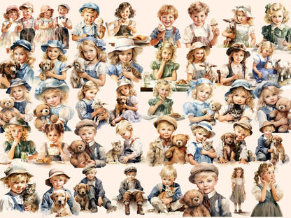 Retro Vintage Kids Watercolor Clipart child clipart - Wonders Artist