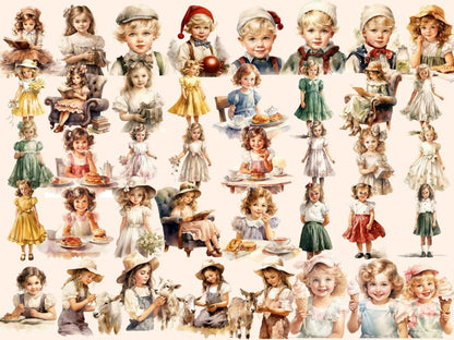 Retro Vintage Kids Watercolor Clipart child clipart - Wonders Artist