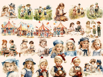 Retro Vintage Kids Watercolor Clipart child clipart - Wonders Artist