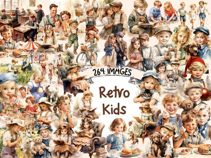 Retro Vintage Kids Watercolor Clipart child clipart - Wonders Artist