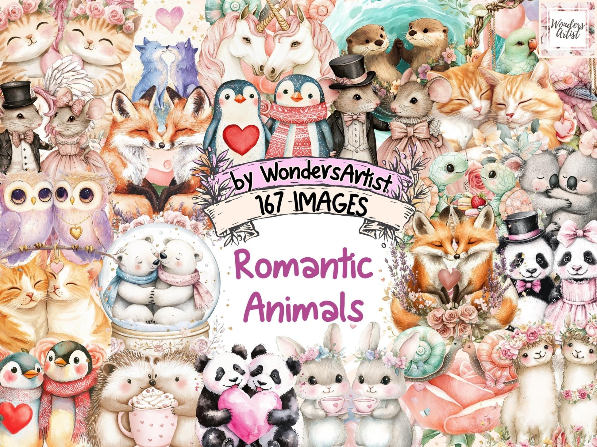 Romantic Animals Watercolor Clipart - High - Quality Instant Digital Download for Creative Projects