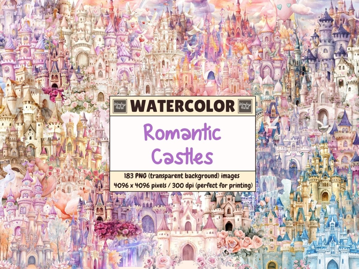Romantic Castles Watercolor Clipart castle clipart castle graphics castle images - WondersArtist