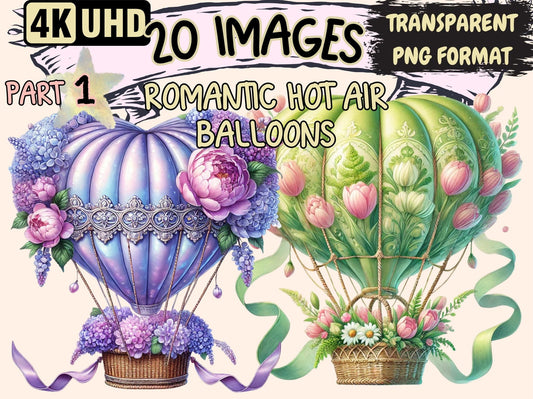 Romantic Hot Air Balloons Clipart - High - Quality Instant Digital Download for Creative Projects