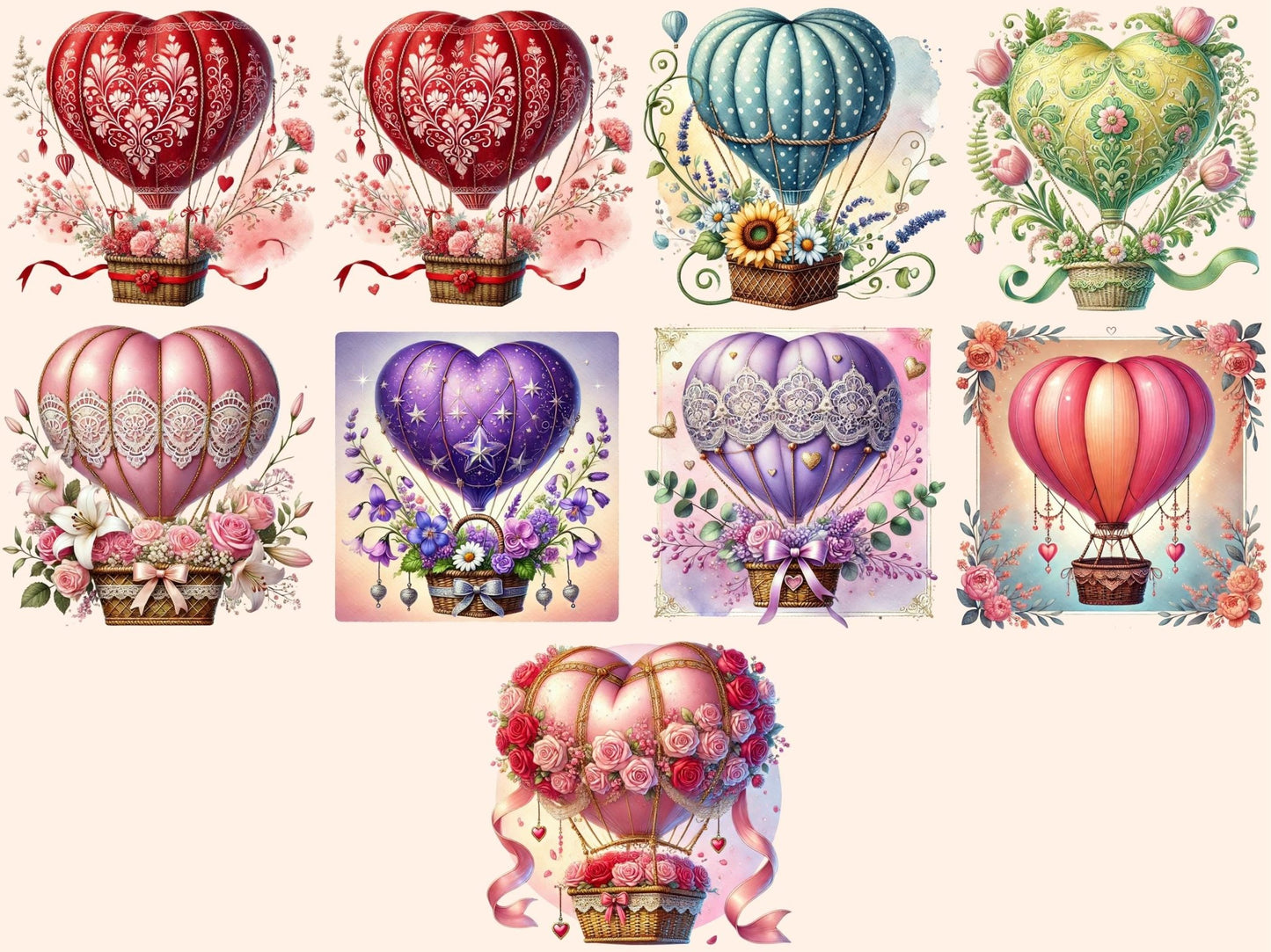 Romantic Hot Air Balloons (P2) Clipart - High - Quality Instant Digital Download for Creative Projects