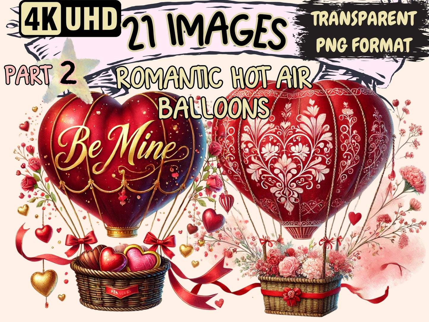 Romantic Hot Air Balloons (P2) Clipart - High - Quality Instant Digital Download for Creative Projects