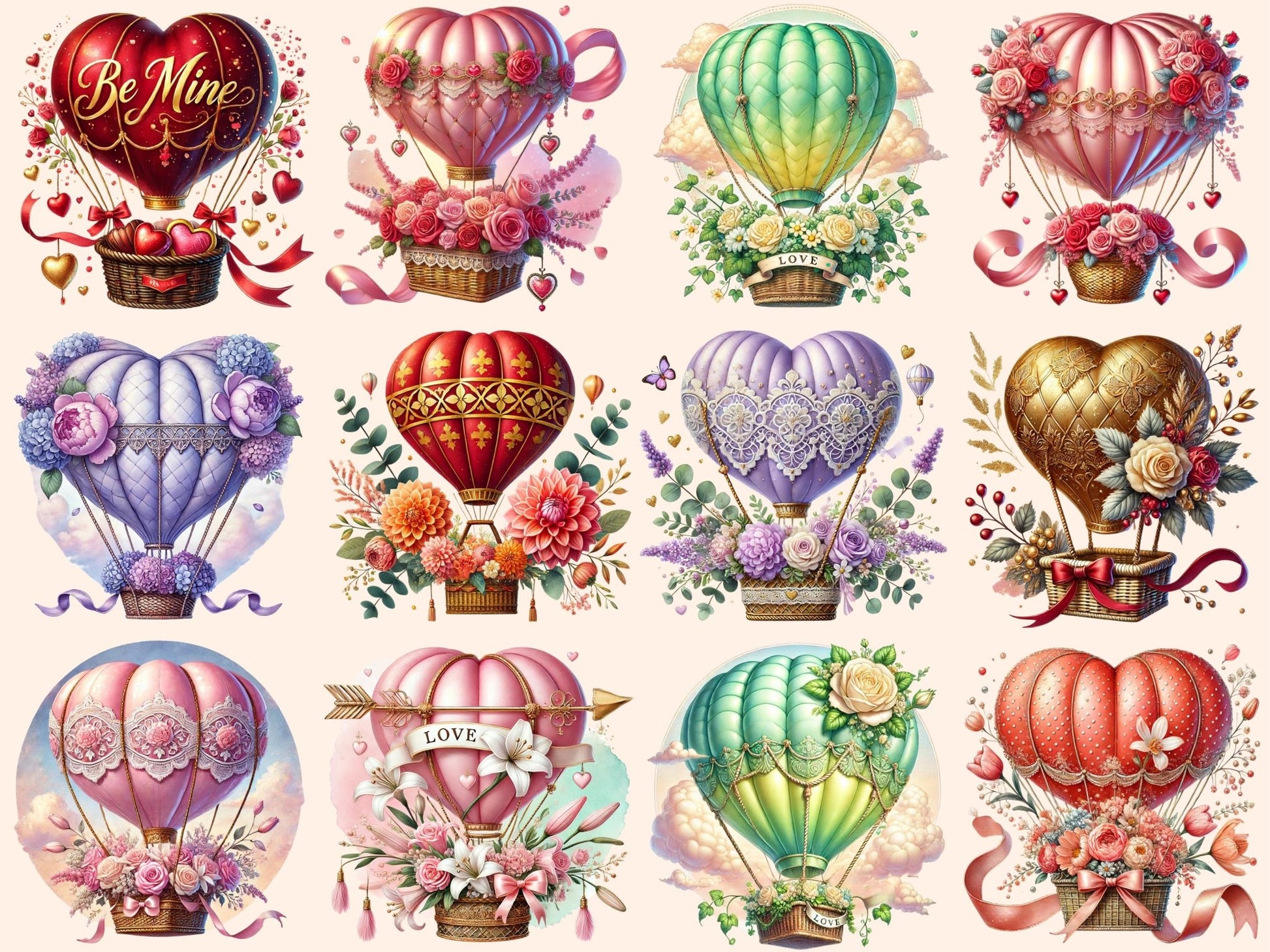 Romantic Hot Air Balloons (P2) Clipart - High - Quality Instant Digital Download for Creative Projects