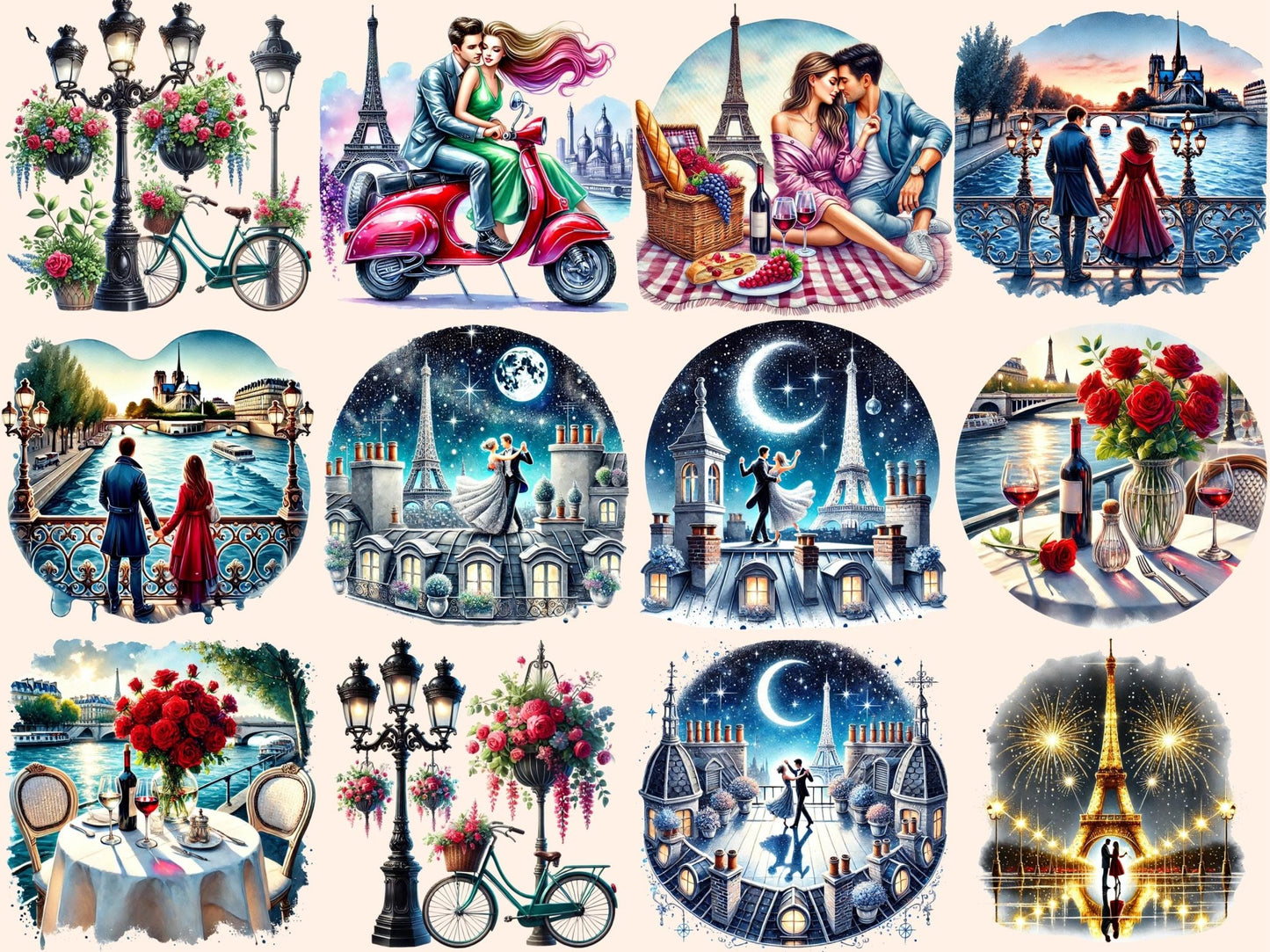 Romantic Paris Clipart - High - Quality Instant Digital Download for Creative Projects