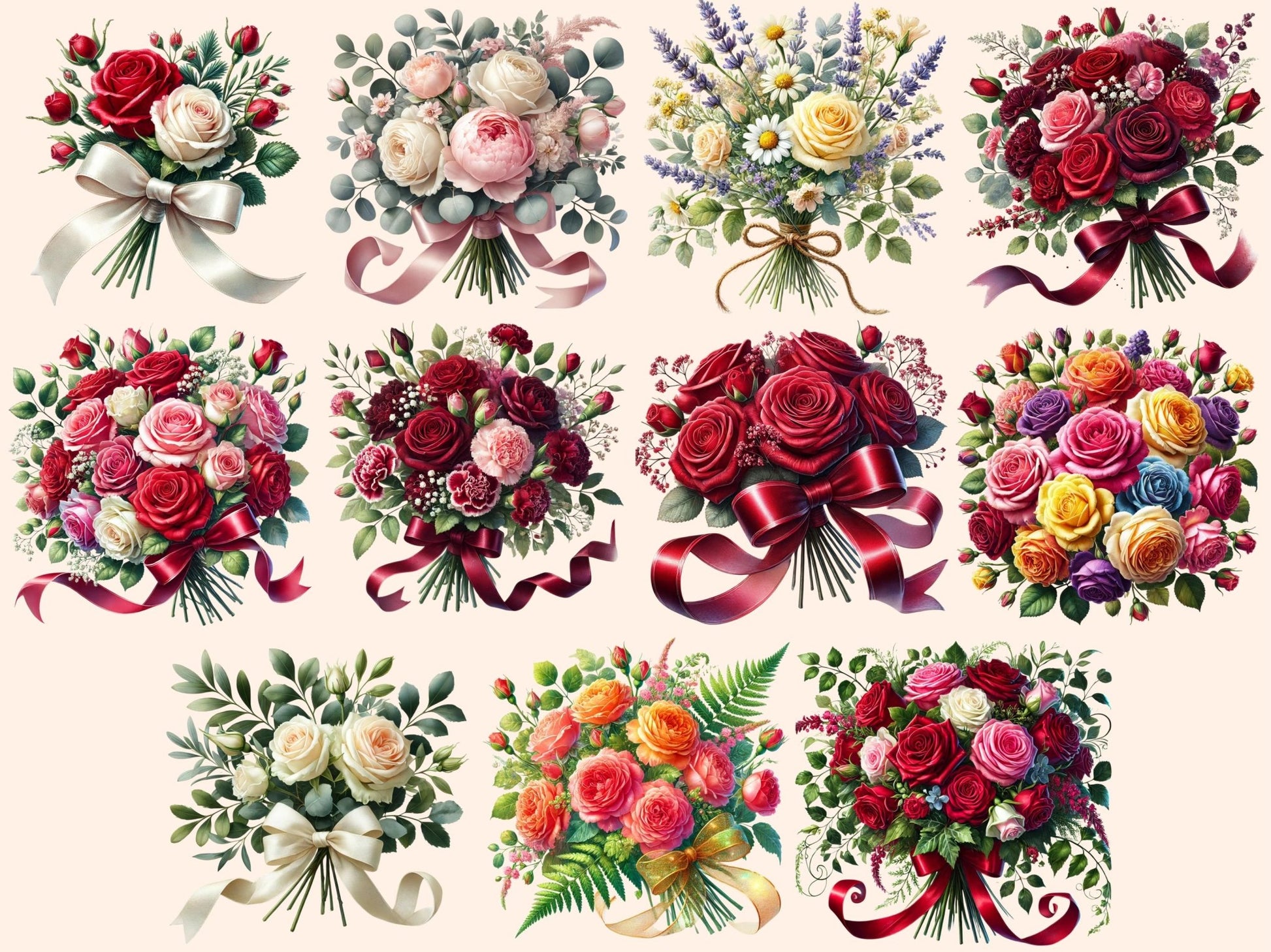 Rose Bouquets Clipart - High - Quality Instant Digital Download for Creative Projects