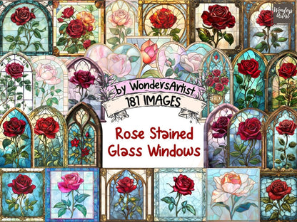 Rose Stained Glass Windows Watercolor Clipart floral stained glass - Wonders Artist