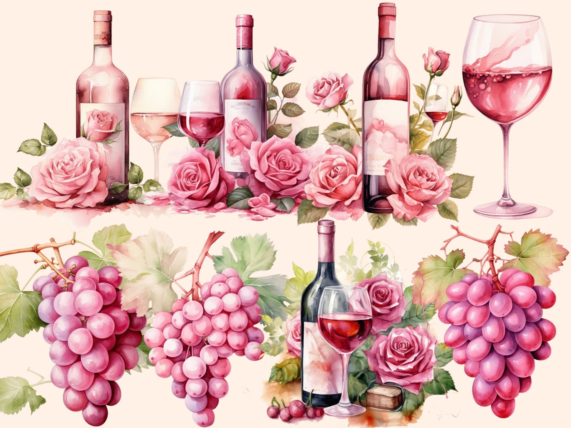 Rose Wine Watercolor Clipart - High - Quality Instant Digital Download for Creative Projects