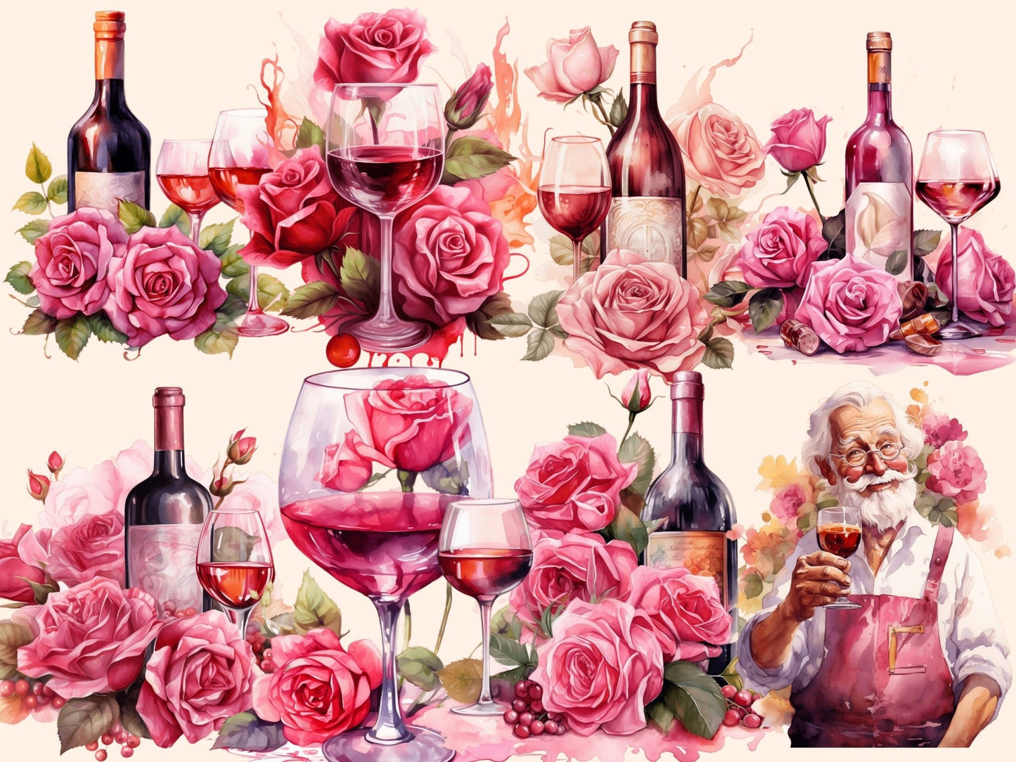 Rose Wine Watercolor Clipart - High - Quality Instant Digital Download for Creative Projects