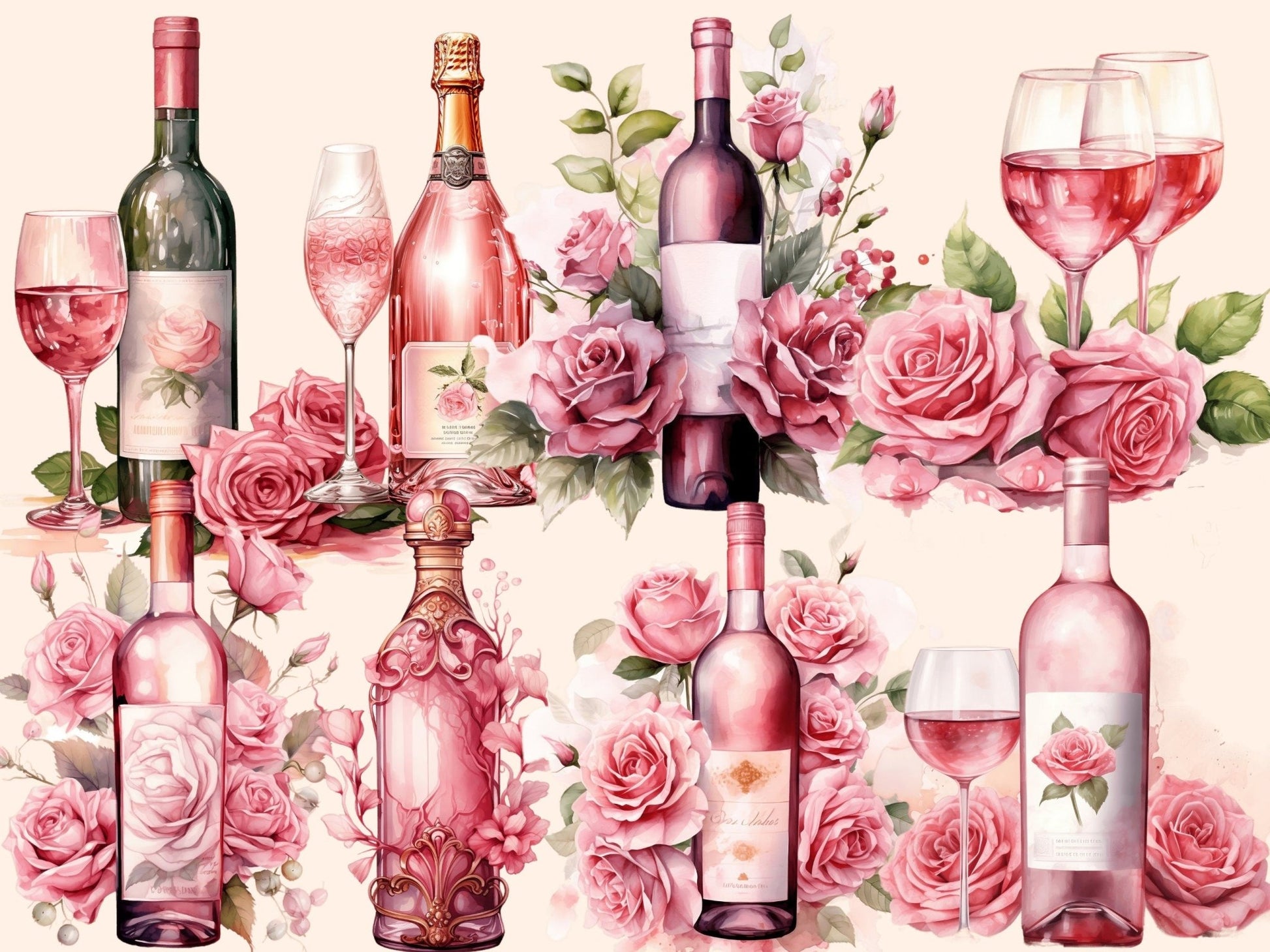 Rose Wine Watercolor Clipart - High - Quality Instant Digital Download for Creative Projects