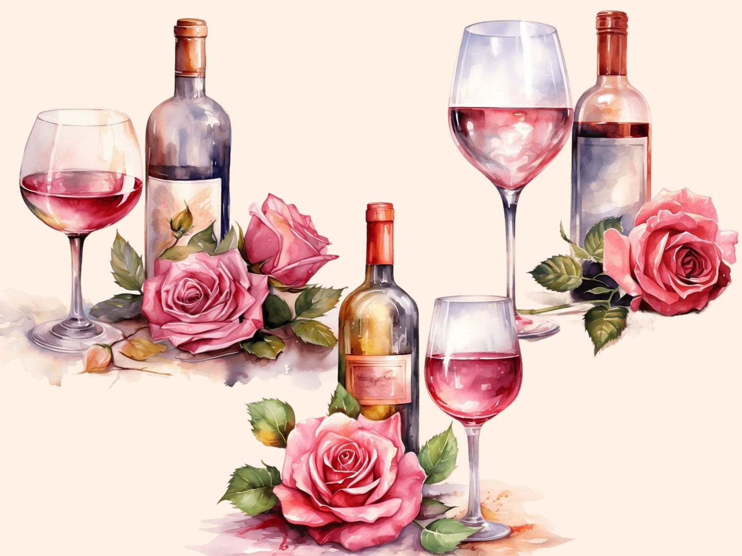 Rose Wine Watercolor Clipart - High - Quality Instant Digital Download for Creative Projects