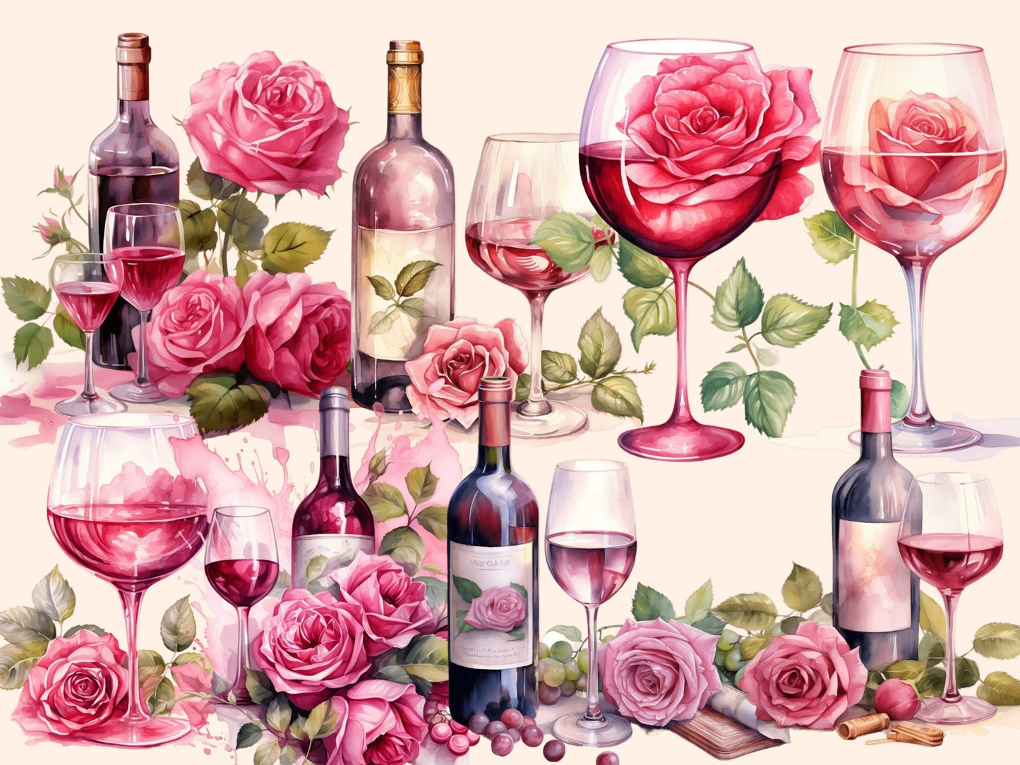 Rose Wine Watercolor Clipart - High - Quality Instant Digital Download for Creative Projects