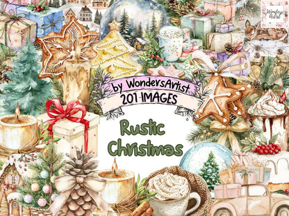 Rustic Christmas Watercolor Clipart Christmas Charm - Wonders Artist