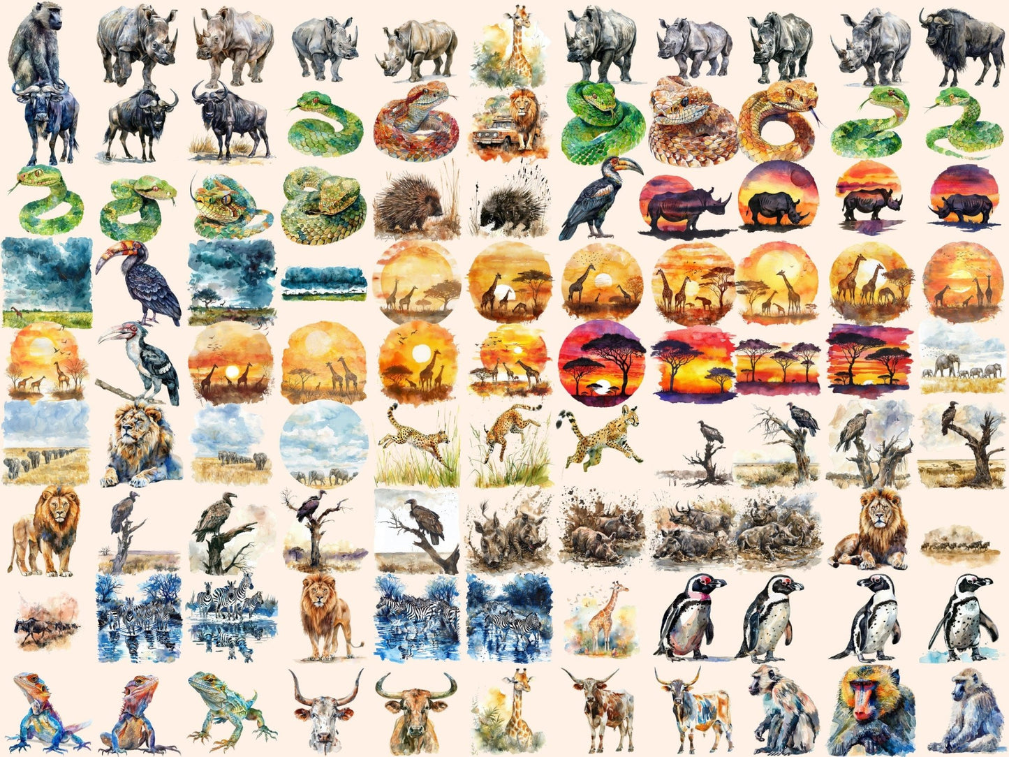 Safari Animals Watercolor Clipart - High - Quality Instant Digital Download for Creative Projects