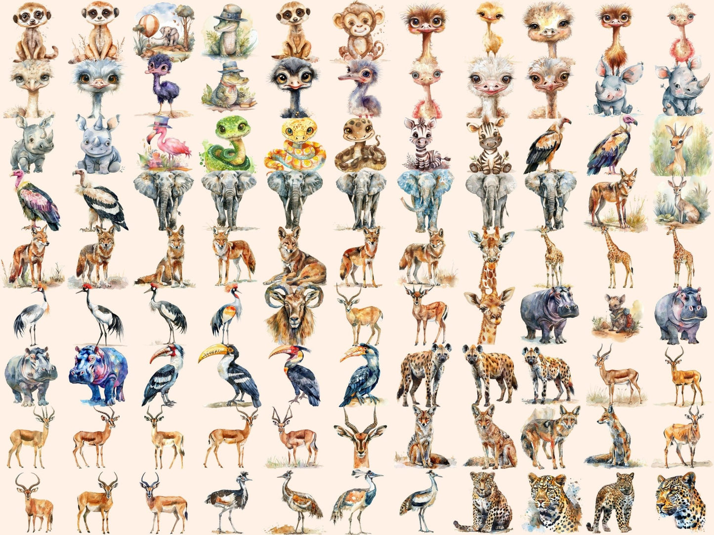 Safari Animals Watercolor Clipart - High - Quality Instant Digital Download for Creative Projects