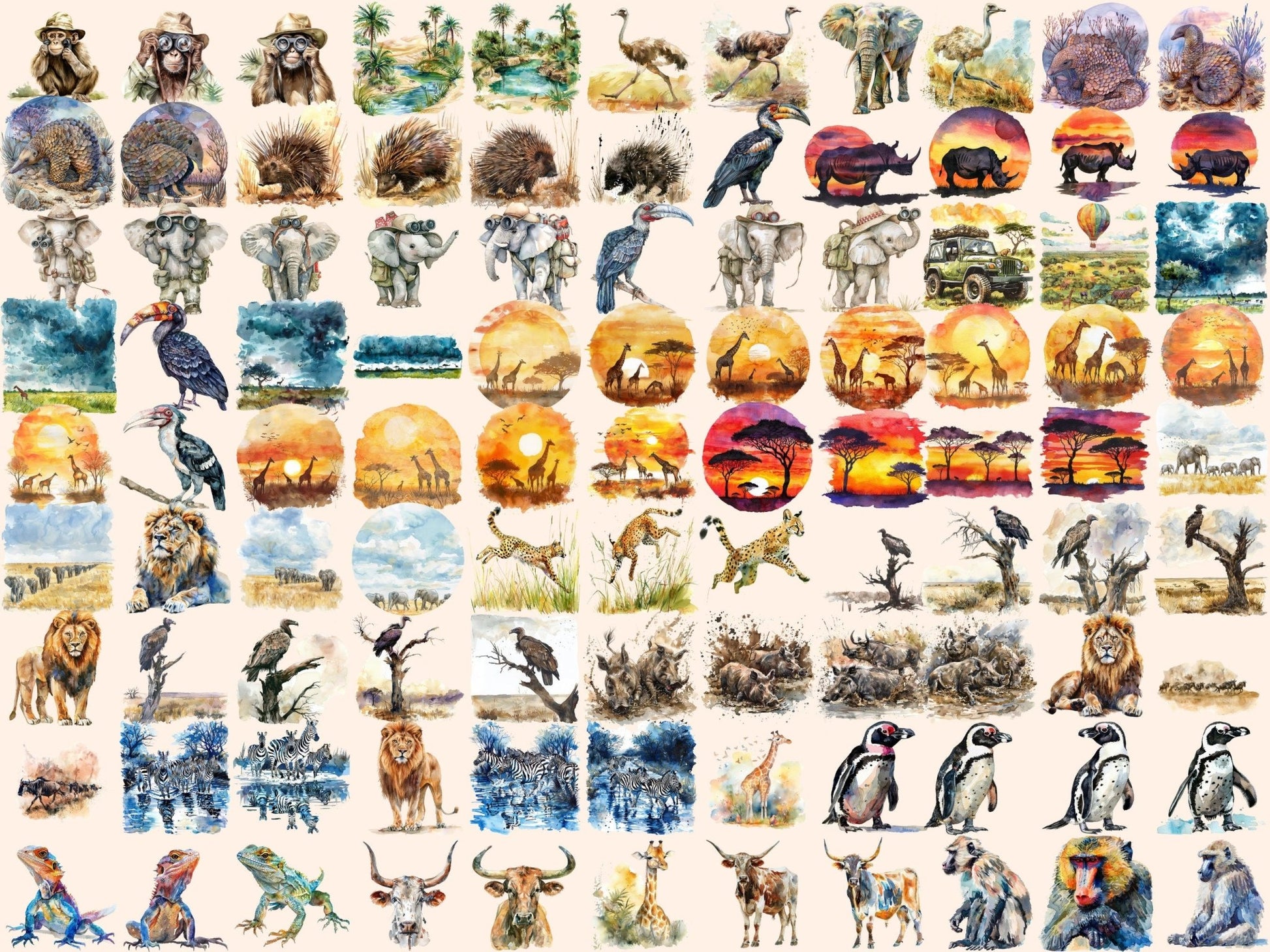 Safari Animals Watercolor Clipart - High - Quality Instant Digital Download for Creative Projects