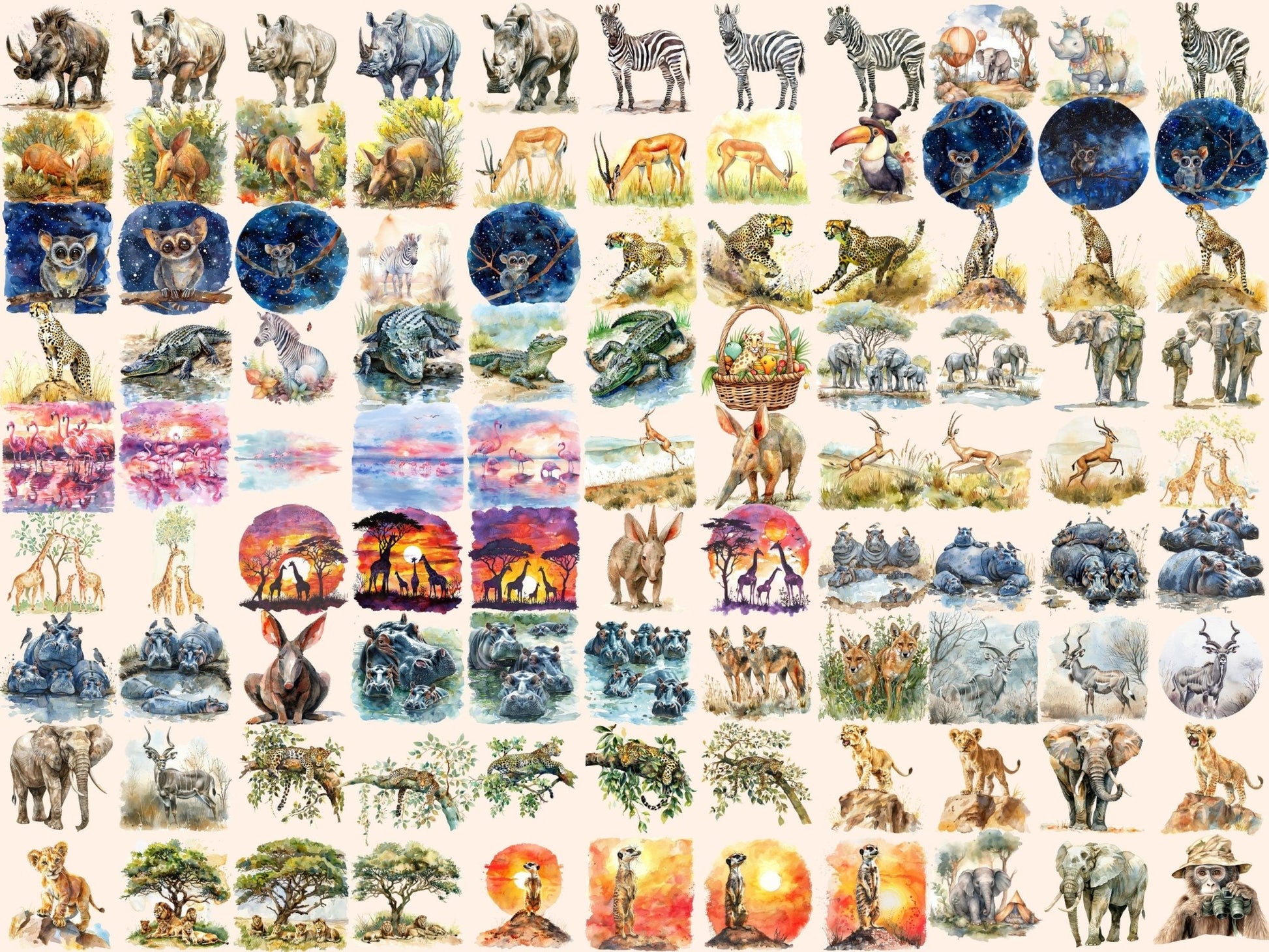 Safari Animals Watercolor Clipart - High - Quality Instant Digital Download for Creative Projects