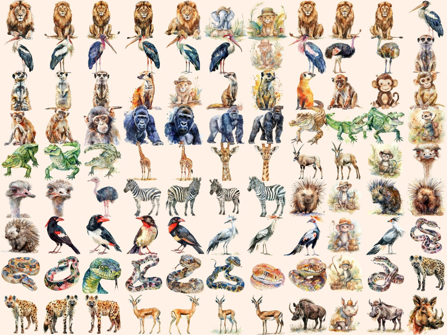 Safari Animals Watercolor Clipart - High - Quality Instant Digital Download for Creative Projects