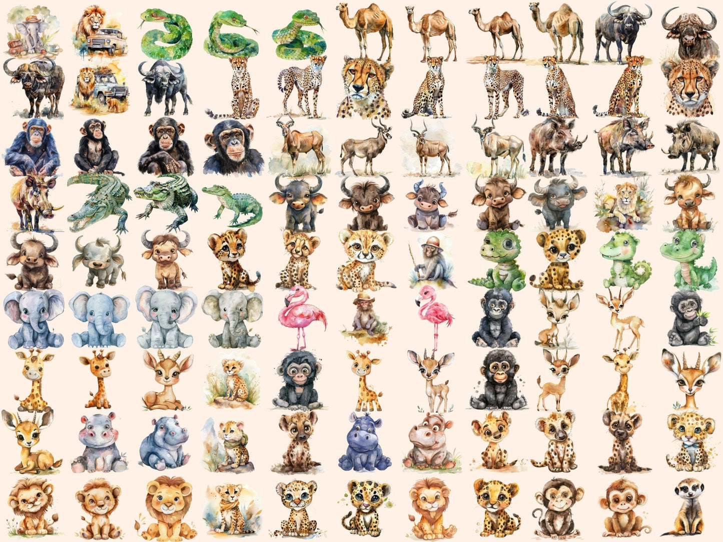 Safari Animals Watercolor Clipart - High - Quality Instant Digital Download for Creative Projects