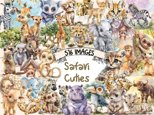 Safari Cuties Watercolor Clipart - High - Quality Instant Digital Download for Creative Projects