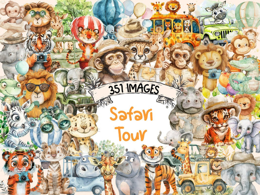 Safari Tour Watercolor Clipart - High - Quality Instant Digital Download for Creative Projects