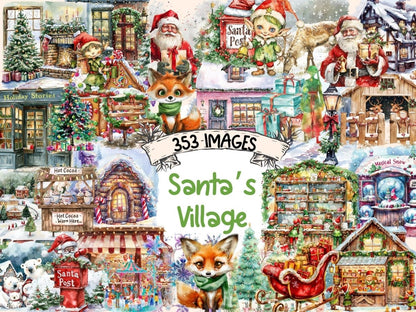 Santa's Village Watercolor Clipart Christmas Fantasy - Wonders Artist