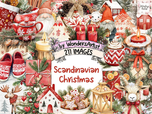 Scandinavian Christmas Watercolor Clipart Bundle - High - Quality Instant Digital Download for Creative Projects