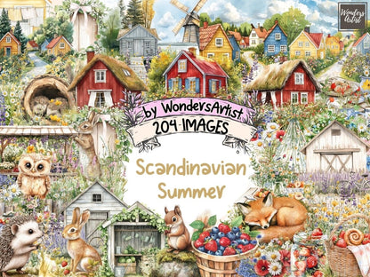 Scandinavian Summer Watercolor Clipart cozy summer png folk art summer hygge summer clipart - WondersArtist