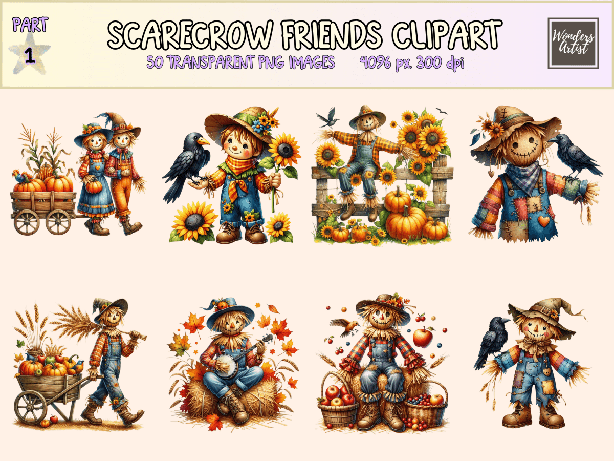 Scarecrow Friends Clipart All Bundles Clipart Line Art - WondersArtist