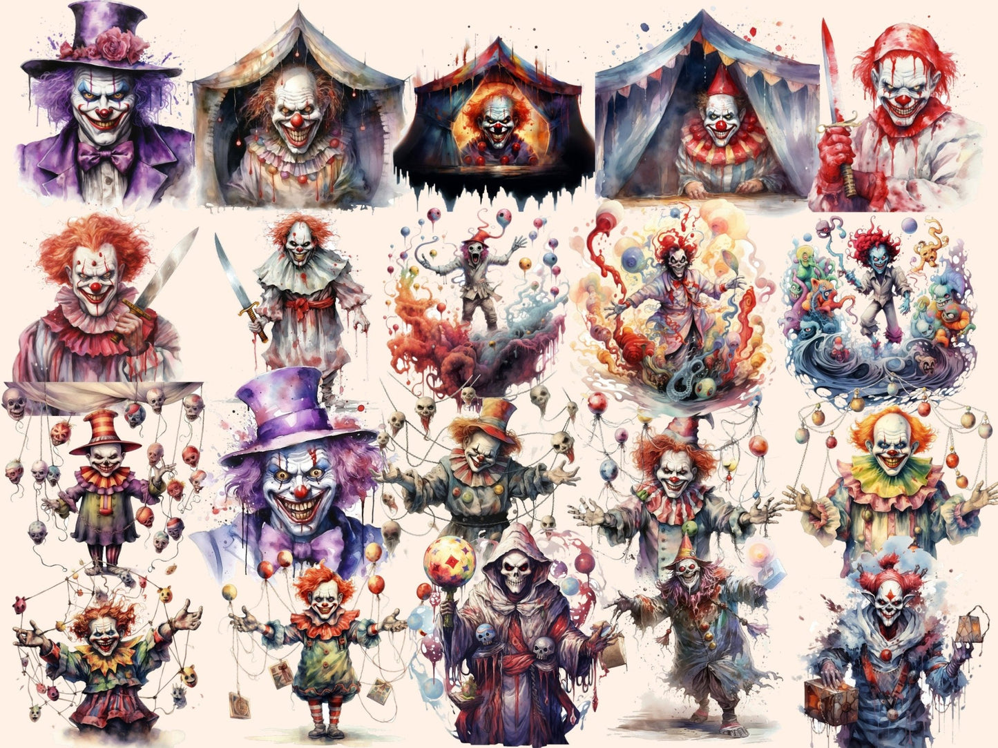 Scary Clowns Watercolor Clipart - High - Quality Instant Digital Download for Creative Projects