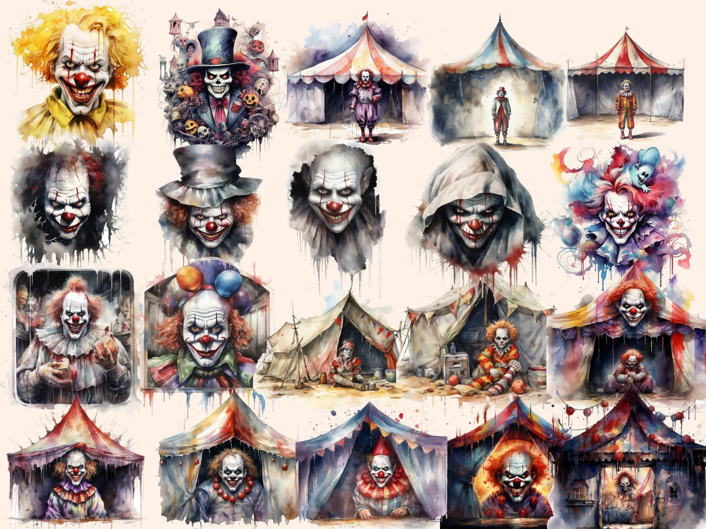 Scary Clowns Watercolor Clipart - High - Quality Instant Digital Download for Creative Projects