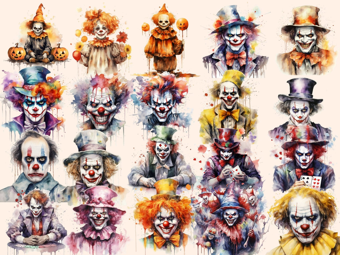 Scary Clowns Watercolor Clipart - High - Quality Instant Digital Download for Creative Projects