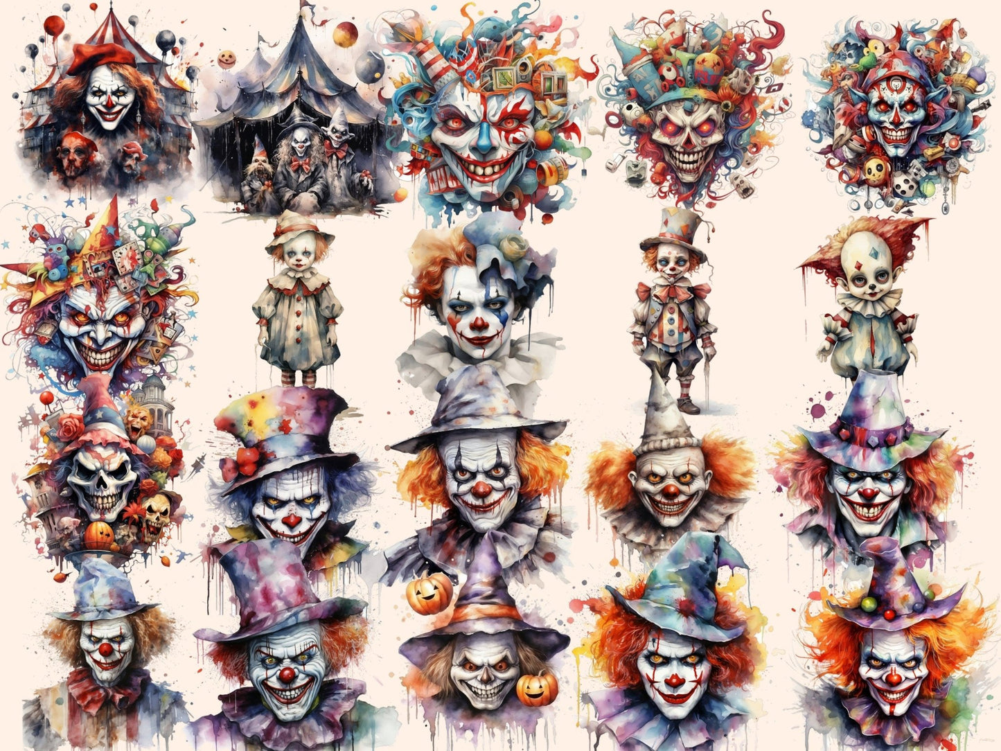 Scary Clowns Watercolor Clipart - High - Quality Instant Digital Download for Creative Projects