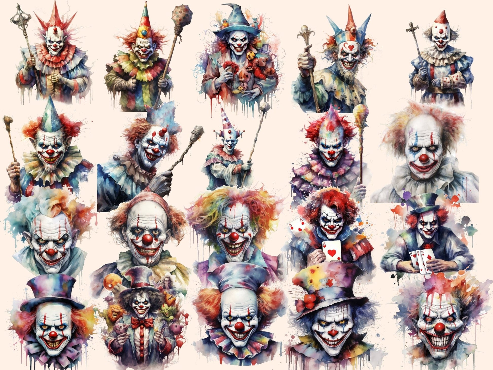 Scary Clowns Watercolor Clipart - High - Quality Instant Digital Download for Creative Projects