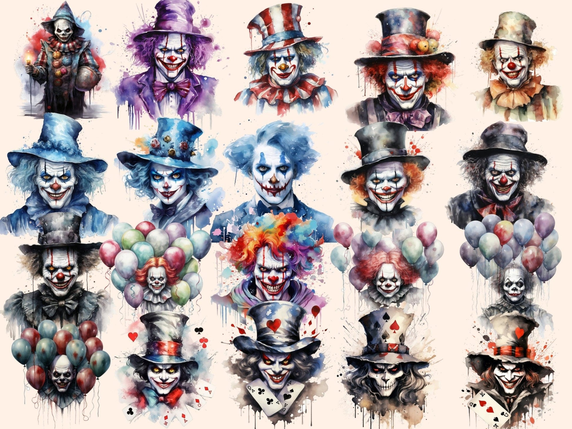 Scary Clowns Watercolor Clipart - High - Quality Instant Digital Download for Creative Projects