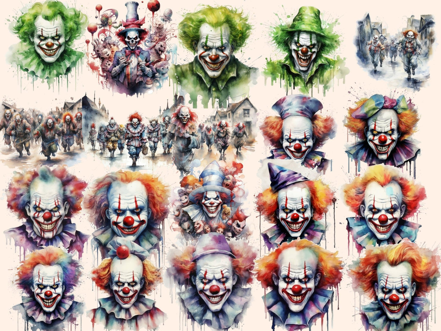 Scary Clowns Watercolor Clipart - High - Quality Instant Digital Download for Creative Projects