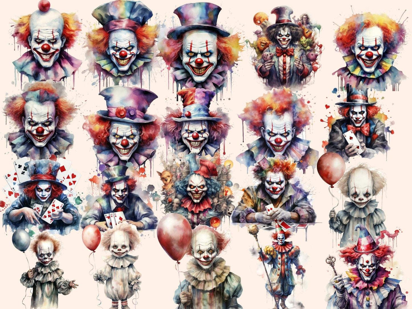 Scary Clowns Watercolor Clipart - High - Quality Instant Digital Download for Creative Projects